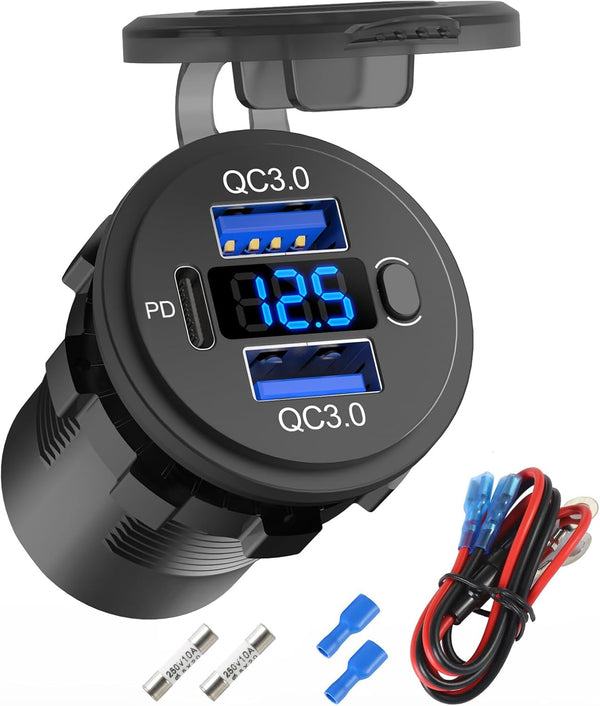 12 Volt USB Outlet Dual Quick Charge 3.0 Port, Waterproof 12V Power Outlet Cigarette Lighter Replacement DIY Kit