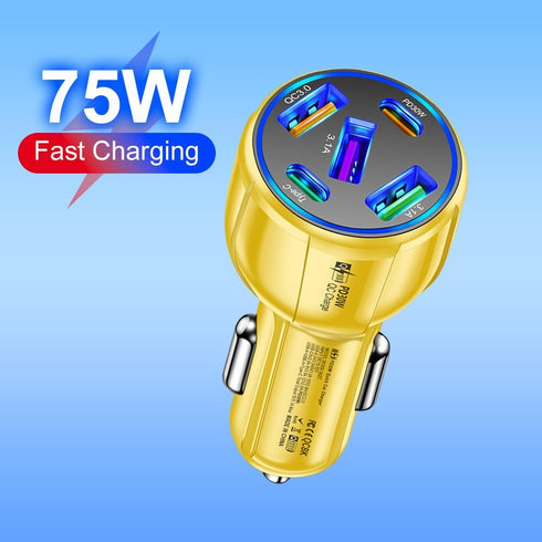 5-Port 75W USB C Car Charger, PD30W & QC3.0 Fast Charging Cigarette Lighter USB Charger Adapter for