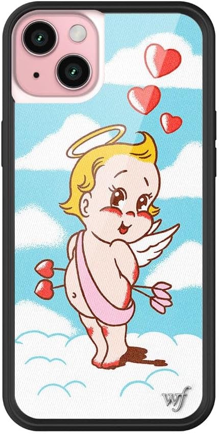 Wildflower Cases Little Angel Case for iPhone 15 Plus - Blue, Angel, Cherub, Red, Clouds, Protective Black Bumper