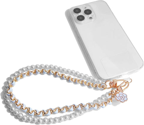 Phone Charm Anti Lost Wrist Strap, Pearl Beaded Phone Chain, Double Chains Hand Wrist Straps for Keychain, Phone