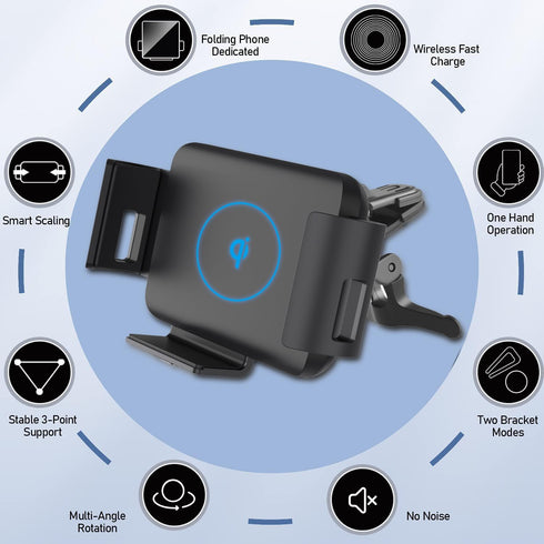 15W Qi Wireless Car Charger Mount Holder for Samsung Galaxy Z Fold Series, iPhone 15 Pro Max, Auto Clamp Fast Charger