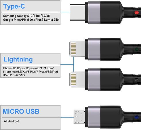 MTAKYI 1.8M/6Ft Multi 4 in 1 USB Universal iPhone Charging Cable,Lightning2+Type C+Micro USB Long Nylon Braided Phone Charger Cord Connector Adapter for Android/Apple/iOS/Samsung/LG/Huawei/XiaoMi by MTAKYI