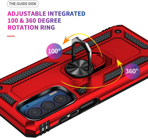 Androgate Compatible with Motorola Moto Edge 2021 Case, Military-Grade Metal Ring Kickstand, 15ft Drop Tested (Red)