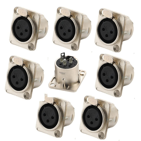 XLR Female Jack 3 Pin Panel Mount, 8 Pcs Audio Speaker Microphone Connector with Silver Metal Housing
