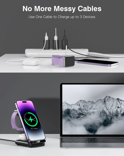 Wireless Charging Station, 3 in 1 Stand Made for Apple Watch Ultra/9/8/7/6/SE/5/4/3, Fast Wireless Charger for iPhone