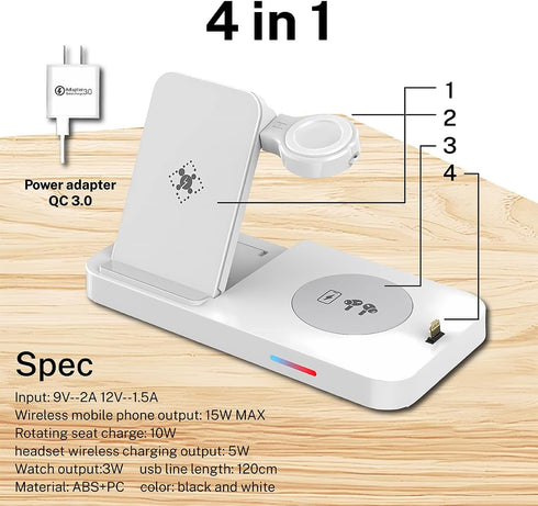 Wireless Charger, 4 in 1 Charging Station, Fast Stand for iPhone 15/14/13/12/11 Pro Max XR/XS 8 Plus, for Apple Watch