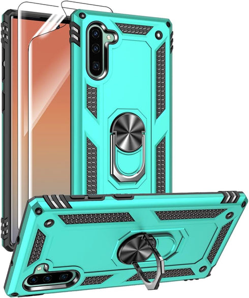 Samsung Galaxy Note 10 Case with HD Screen Protectors, Military-Grade Metal Ring Holder, Shockproof Cover Green