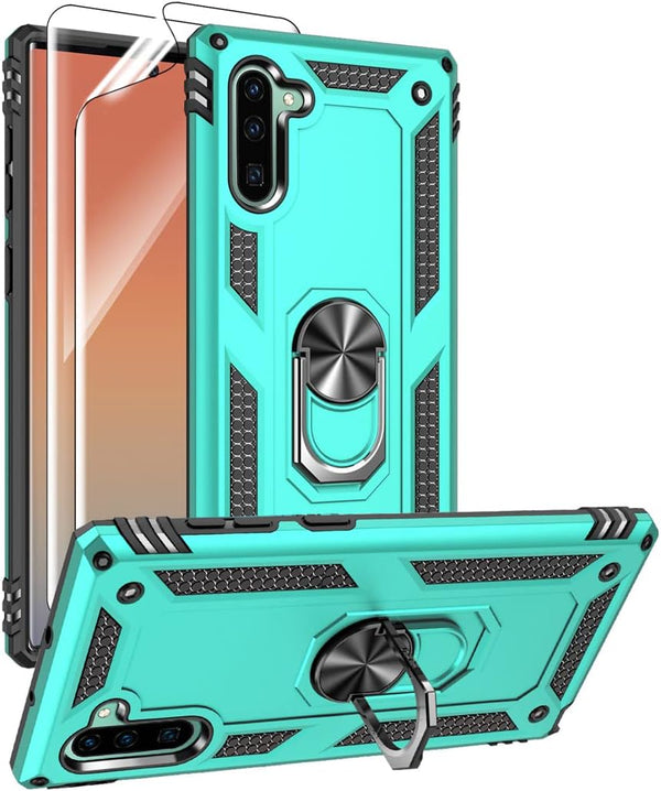 Samsung Galaxy Note 10 Case with HD Screen Protectors, Military-Grade Metal Ring Holder, Shockproof Cover Green