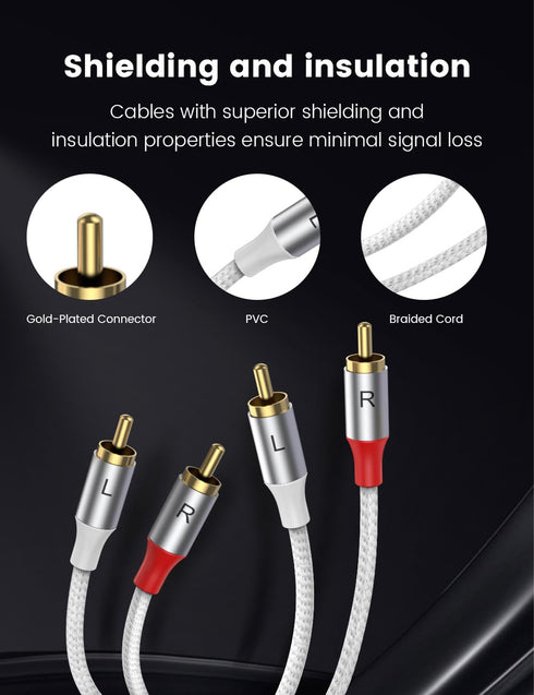 2RCA 2RCA 3.28ft/1M, 24K MOSWAG Male to Male Stereo Auxiliary Audio Cable Subwoofer Cable Gold Plated Nylon Braided