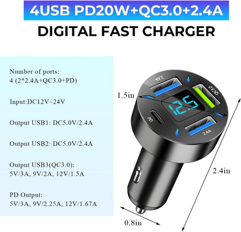 Augeny USB C Car Charger, 4 Port Auto Fast Charger with USB PD & QC 3.0, Cigarette Lighter Adapter for Mobile Phones