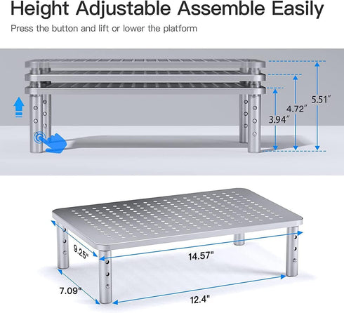 3 HUANUO Monitor Riser - Height Adjustable Stand for Laptop, Computer, iMac, PC, Printer, Desktop Ergonomic Metal