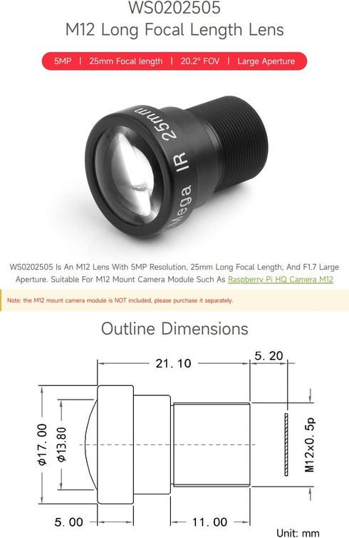 waveshare M12 5MP, 25mm M12 Long Focal Length Lens, Focal Length, Large Aperture, Compatible with Raspberry Pi Camera