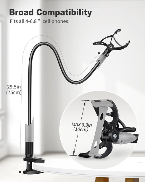 SAIJI Gooseneck Bed Phone Holder, Flexible Long Arm Phone Mount for Desk, Clip Bracket Clamp Stand for 4.0-6.5'' Mobile