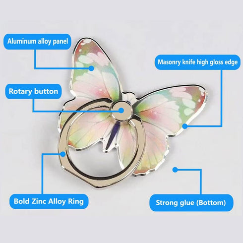 Cell Phone Ring Holder, Butterfly Phone Ring Grip Stand 360° Rotation Compatible with iPhone, All Android Smartphones