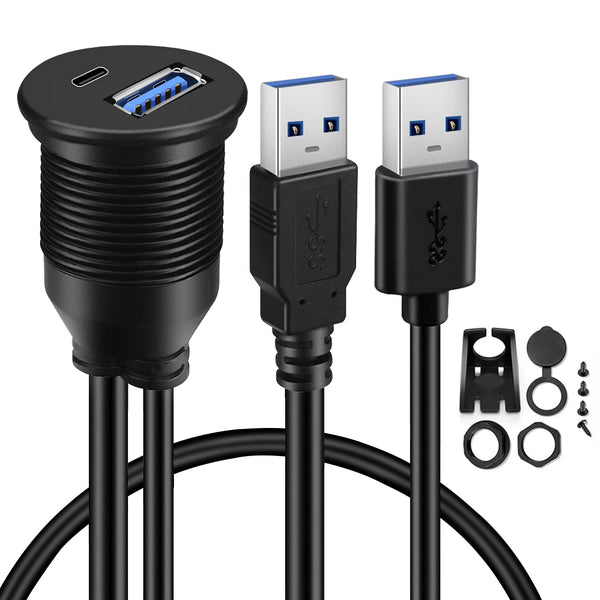 BATIGE USB 3.0 to Type C Car Mount Flush Cable, Dual Port Male to Female Waterproof Extension - 3ft