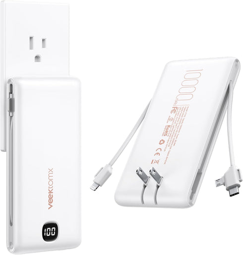 VEEKTOMX Portable Charger with Built in Cables 10000mAh, Power Bank for iPhone with