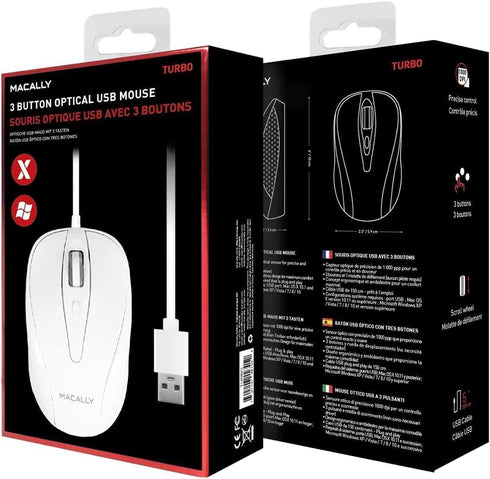 Macally USB Wired Mouse - 3 Button, Scroll Wheel, 5 Foot Long Cord, Compatible with Apple and Windows