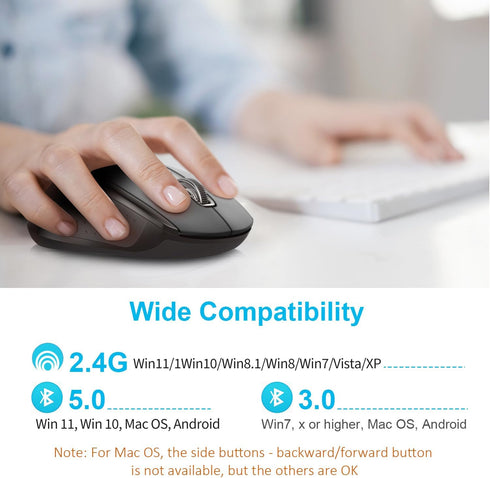 TECKNET Wireless Bluetooth Mouse for MacBook, 2400DPI 2-in-1 Mouse for Laptop (BT 5.0/3.0+2.4G USB), Black