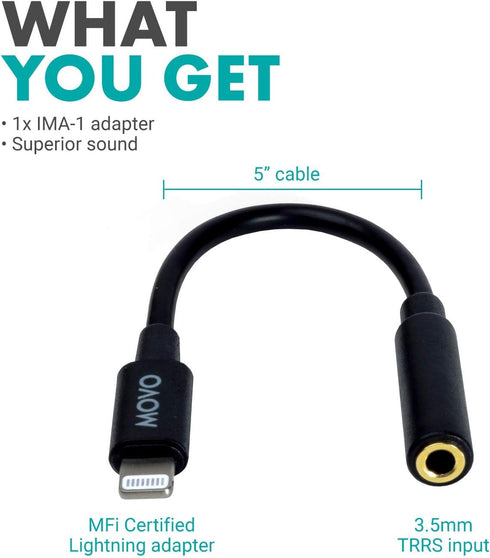 Movo IMA-1 Female 3.5mm TRRS Microphone Adapter Cable to Lightning Connector Dongle for Apple iPhone, iPad