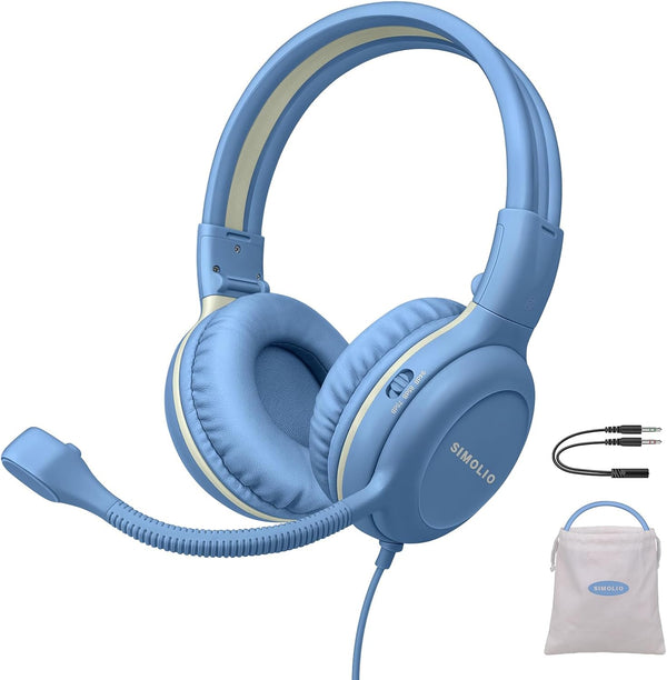 SIMOLIO Kids Headphones Wired with Microphone for Virtual School & Gaming, Safe Volume Cord Headphone with Flexible