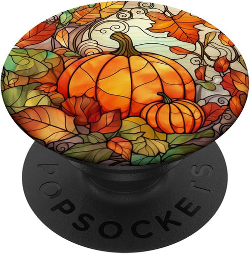 Halloween Pumpkin Fall Leaves Round Stained Glass PopSockets Standard PopGrip