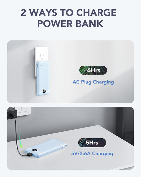 VRURC Portable Charger with Built-in Cables and AC Wall Plug, 10000mAh USB C Power Bank for Smart Phones, Tablets Blue