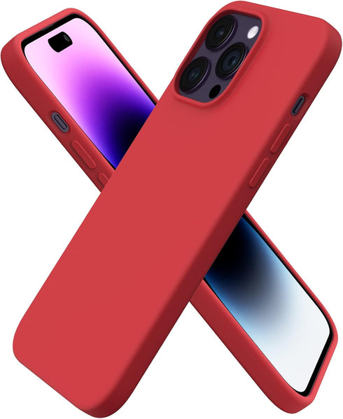 ORNARTO Slim Liquid Silicone Phone Case for iPhone 14 Pro Max, 6.7 inch, Red with Microfiber Lining