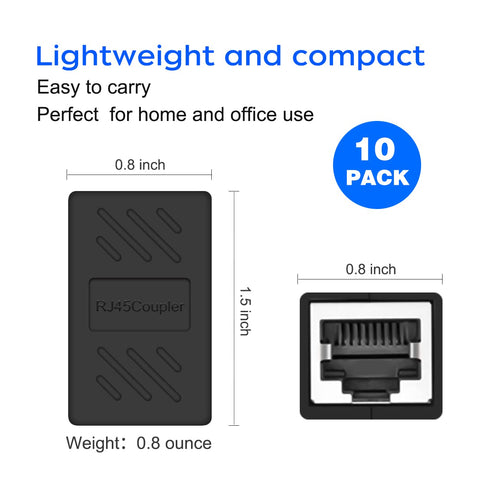 RJ45 Cat6 Coupler Ethernet Extender Connector, 10 Pack, Female to Female Black for Cat7, Cat6, Cat5e, Cat5