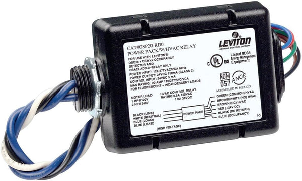 OSP20-RD0 Fluorescent/Incandescent Power Pack Leviton for Occupancy Sensor with HVAC Relay, 20 Amp, 120-277V, Black