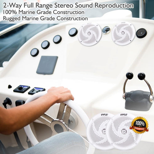 Pyle Marine Speakers - 5.25 Inch 2 Way Waterproof Outdoor Audio System, 180 Watt Power, 1 Pair, White