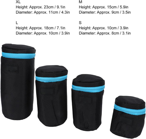 4Pcs Neoprene Waterproof DSLR Camera Lens Pouch Zipper Bag with Metal Hook for Camera Lens