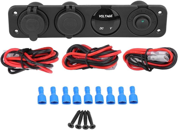 12 24V LED Dual USB Voltmeter & Cigar Lighter Power Outlet, 4 Hole Panel Switch, Green, LED Lighted ON/Off