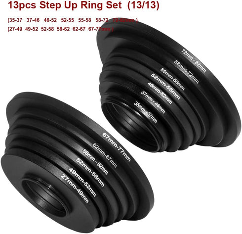 13 Pieces Filter Ring Adapter Set, Camera Lens Filter Metal Stepping Rings Kit (7+6 pcs Step Up Ring) Black
