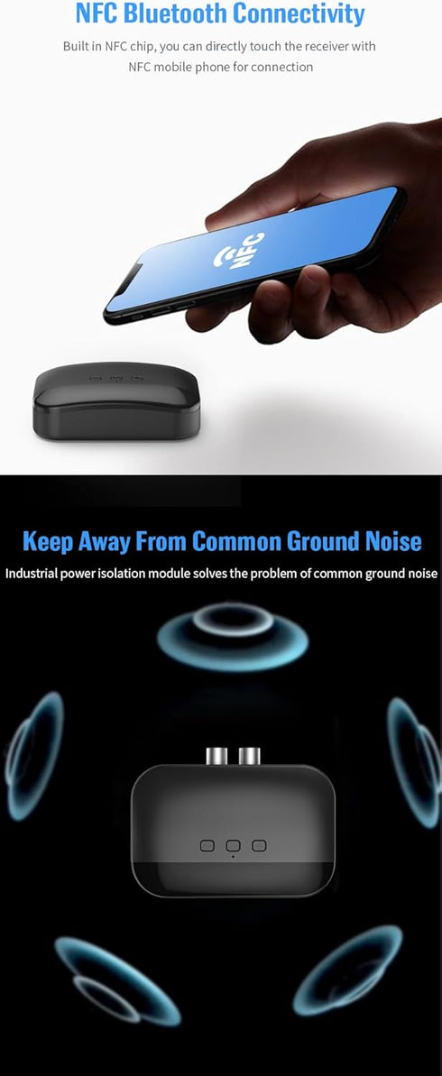 HAOQUOO Bluetooth Receiver Adapter, NFC Connection, 3.5mm/RCA Dual Audio Output, Suitable for Smartphones and Tablets