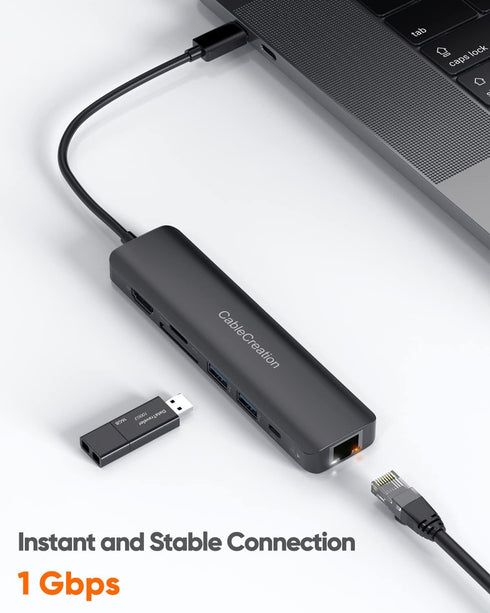 USB C Hub with Ethernet, CableCreation 7 in 1 4k@60Hz HDMI Multiport Adapter with 100W PD, 2 USB 3.0 Ports