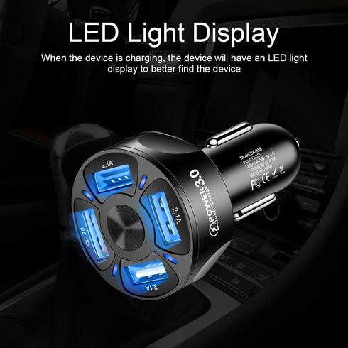 Car Charger Adapter, 4 Ports USB Fast QC3.0 with LED Light Display, Compatible with iPhone 12 Pro Max, Galaxy S20 Ultra