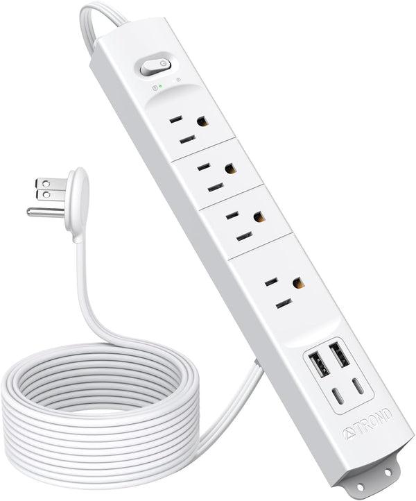 TROND 15ft Long Extension Cord with 2 USB C, White, ETL Listed, Ultra-Thin Flat Plug Power Strip, 4 Outlets