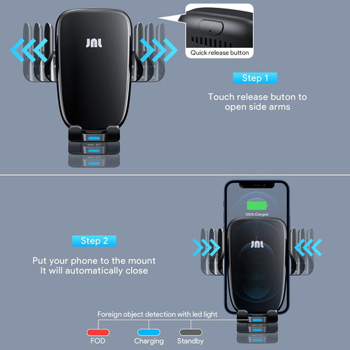 Wireless Car Charger, 15W Qi Fast Charging, Auto-Clamping Phone Mount for iPhone and Samsung