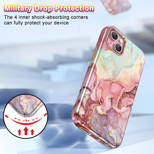 Btscase iPhone 15 Plus Case (6.7", 2023) - Rose Gold Marble Pattern, 3-in-1 Heavy Duty Shockproof Cover for Women &