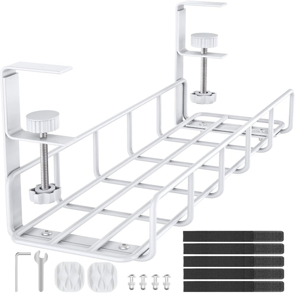 Under Desk Cable Management Tray, 15.7'' White Steel Organizer, No Drill Wire Management Rack, 1 Pack