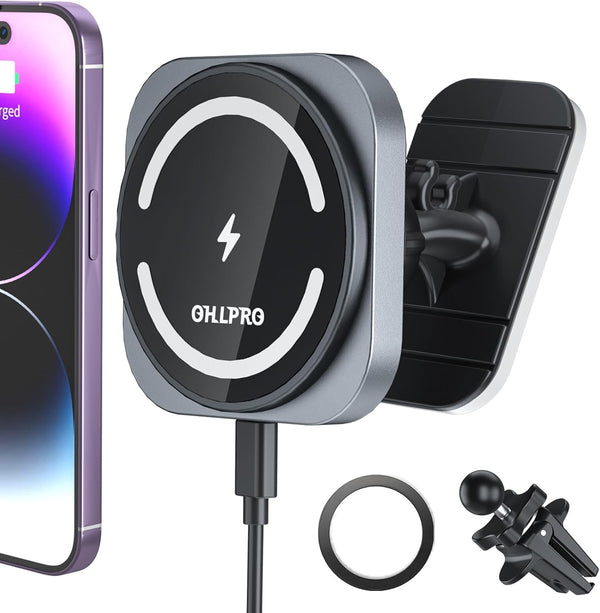 OHLPRO MagSafe Car Mount Charger, 15W Fast Charging Magnetic Phone Holder for Dashboard and Air Vent