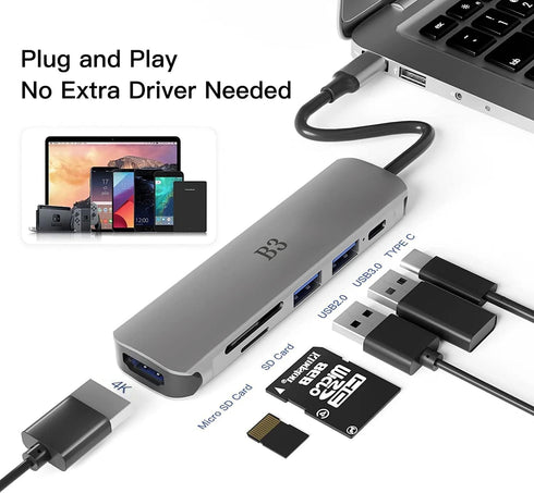 USB C to 4K HDMI Adapter for MacBook Pro Air, 6 in 1 USB-C Digital AV Multiport Dongle Adapter with USB3.0 & 2.0/SD/TF