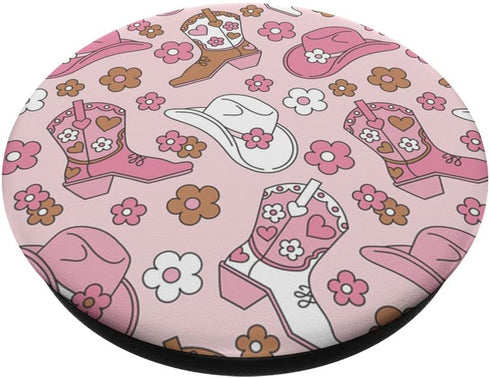 Pink Cowgirl Aesthetic Brown Festival Western Boots Hat with Cute PopSockets Swappable PopGrip