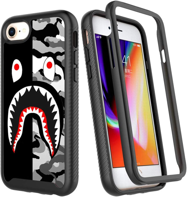 Compatible iPhone SE Case, iPhone 7 Case, iPhone 8 Case, Street Fashion Luxury Black Gray Shark Design Shockproof Cover