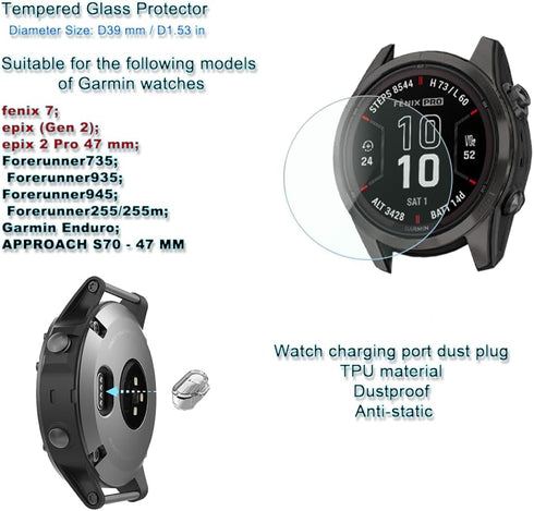 SmartWatch Tempered Glass protective film Compatible for Garmin Fenix 7 & 7 Solar/Fenix 7 Sapphire Solar 47mm and Epix 2 Pro 47 MM Screen Protector 2.5D 9H Hardness Ultra-thin and Charging