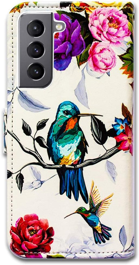 Galaxy S21 5G Case - Hummingbird in Flowers Leather Flip Phone Wallet Cover with Card Slot Holder