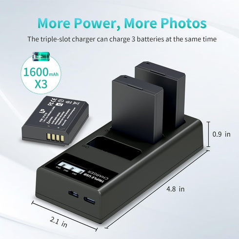 LP LP-E10 Battery Charger Pack, 3-Pack 1600mAh Replacement Battery, USB Charger for Canon EOS Rebel T7, T6, T5, T3