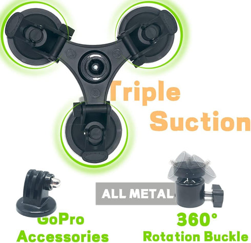 Triple Suction Cup Mount Holder Action Camera Car Windshield Mount with 1/4 Threaded Head 360 Degree Tripod Ball Head Mount & Screw for Gopro, DJI OSMO Akaso
