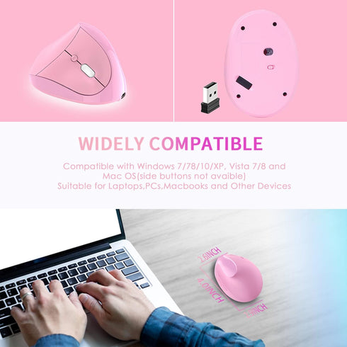 Ergonomic Mouse, Rechargeable Small Vertical Wireless Mouse with 6 Buttons, Adjustable 800/1200/1600 DPI Pink for
