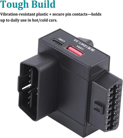 AUTANCTOR OBD2 1-to-2 1-Press 18W 16-Pin Splitter Adapter with Power Cut Switch & USB Fast Charging Car OBD Port
